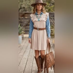 Cupio Beige Ruffle Yoke Dress with Denim Sleeves